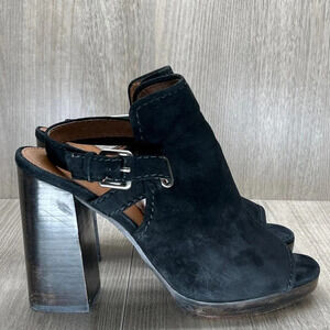 Frye Sandals Womens Sz 8.5M Karissa Shield Sling Peep Toe High Heels Suede Black
